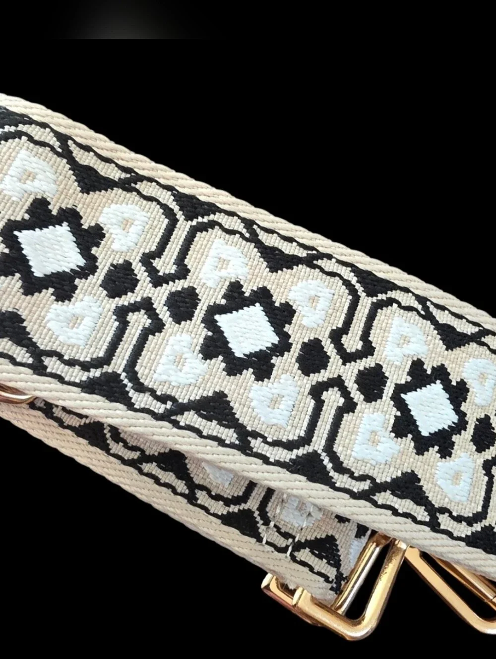 Crossbody Strap. Adjustable Beige & Black Woven Bag Strap with Gold Hardware